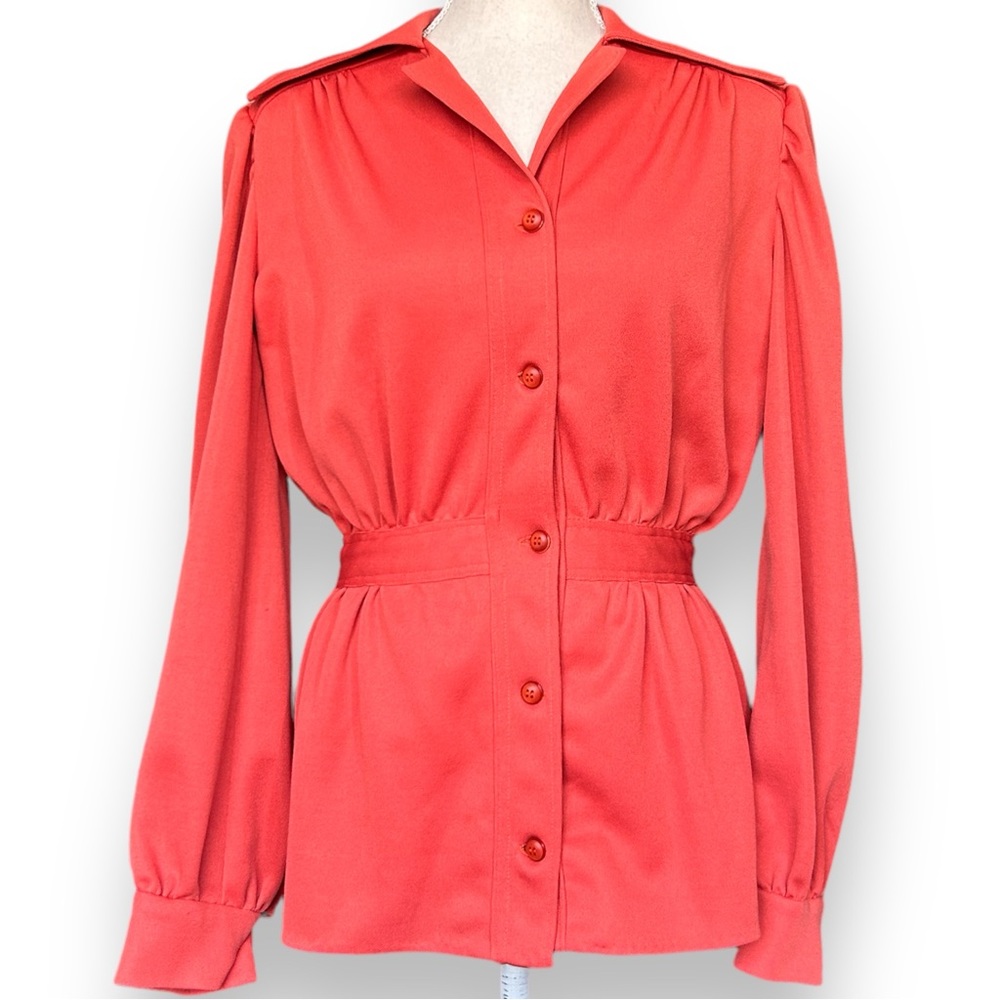Vintage 70s Burnt Orange Peplum Long Sleeve Dagger Collar Button Up Shirt Blouse - Picture 13 of 13